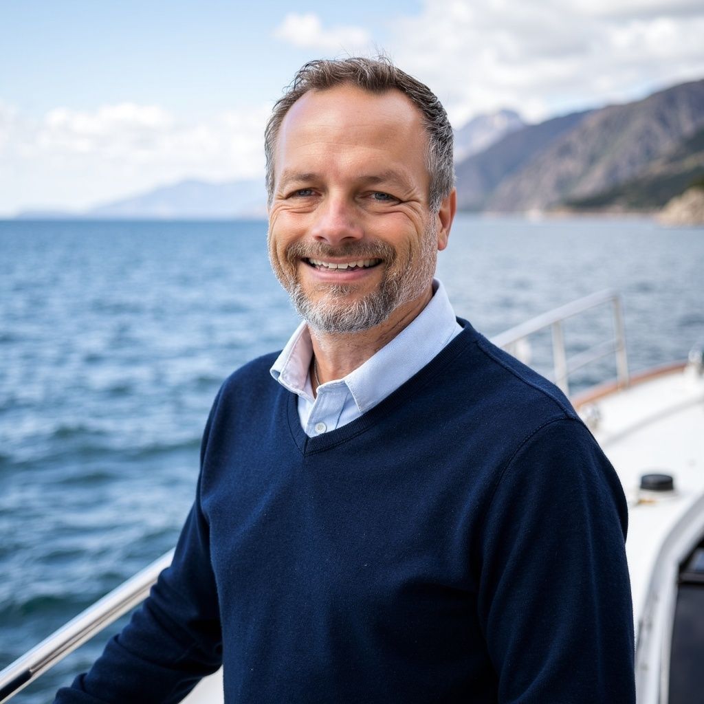Mitch Roberts smiling beside the water